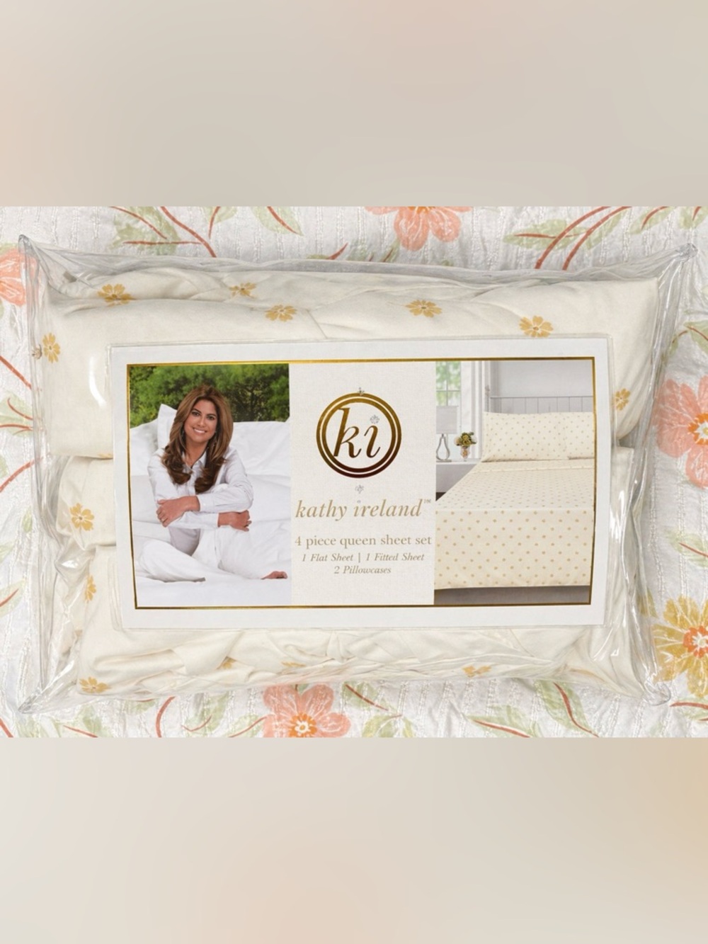 kathy ireland Cream Sheet Set with Gold Floral Accents